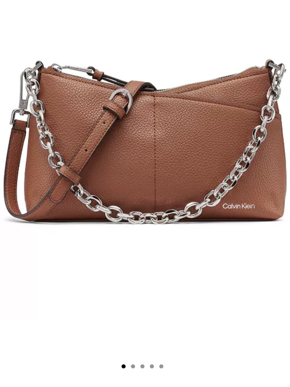 Calvin Klein Tan Pebbled Leather Shoulder Bag with Silver Chain